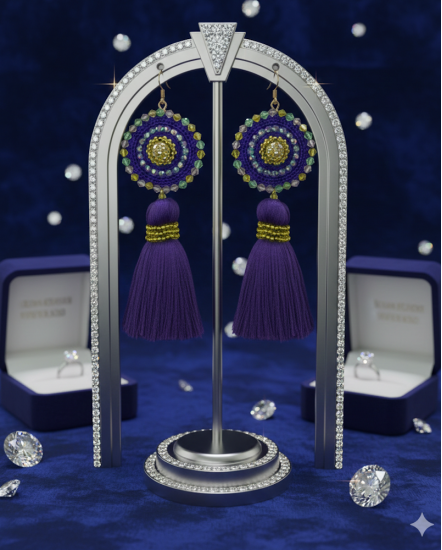 Háčkované  dizajnové náušnice "Fialový drahokam"